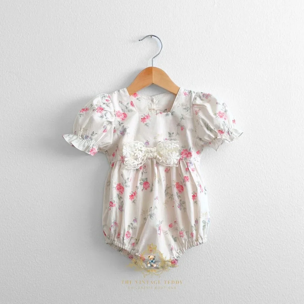 NWT Pretty Girls Floral Romper Bubble One-Piece & Headband Set Cream & Pink 6-9M